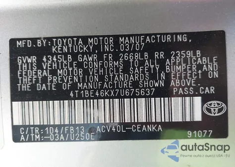 2007 Toyota Camry Le из США, поврежденный, VIN 4T1BE46KX7U675637